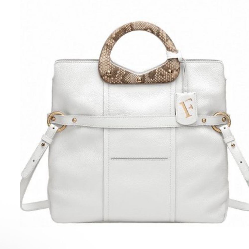 Furla White Leather Tote Bag with Snake Print Handle